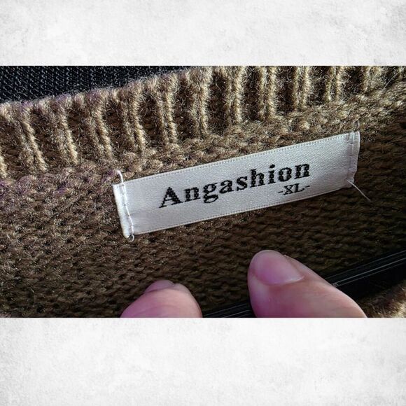 Angashion Colorblock Sweater XL – Neutral Brown Gray Black Knit Pullover - Picture 2 of 7